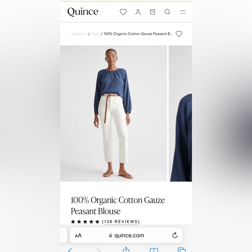 NWT Quince 100% Organic Cotton Gauze Peasant Blouse